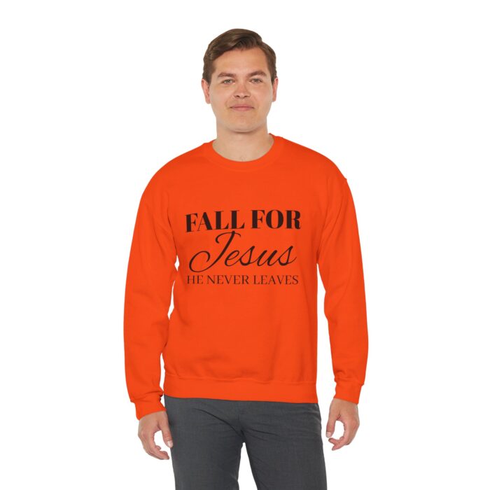 Christian Faith Sweatshirt, Fall for Jesus, He Never Leaves, Unisex Religious Pullover, Fall Christian Apparel, Heavy Blend Crewneck - Image 6